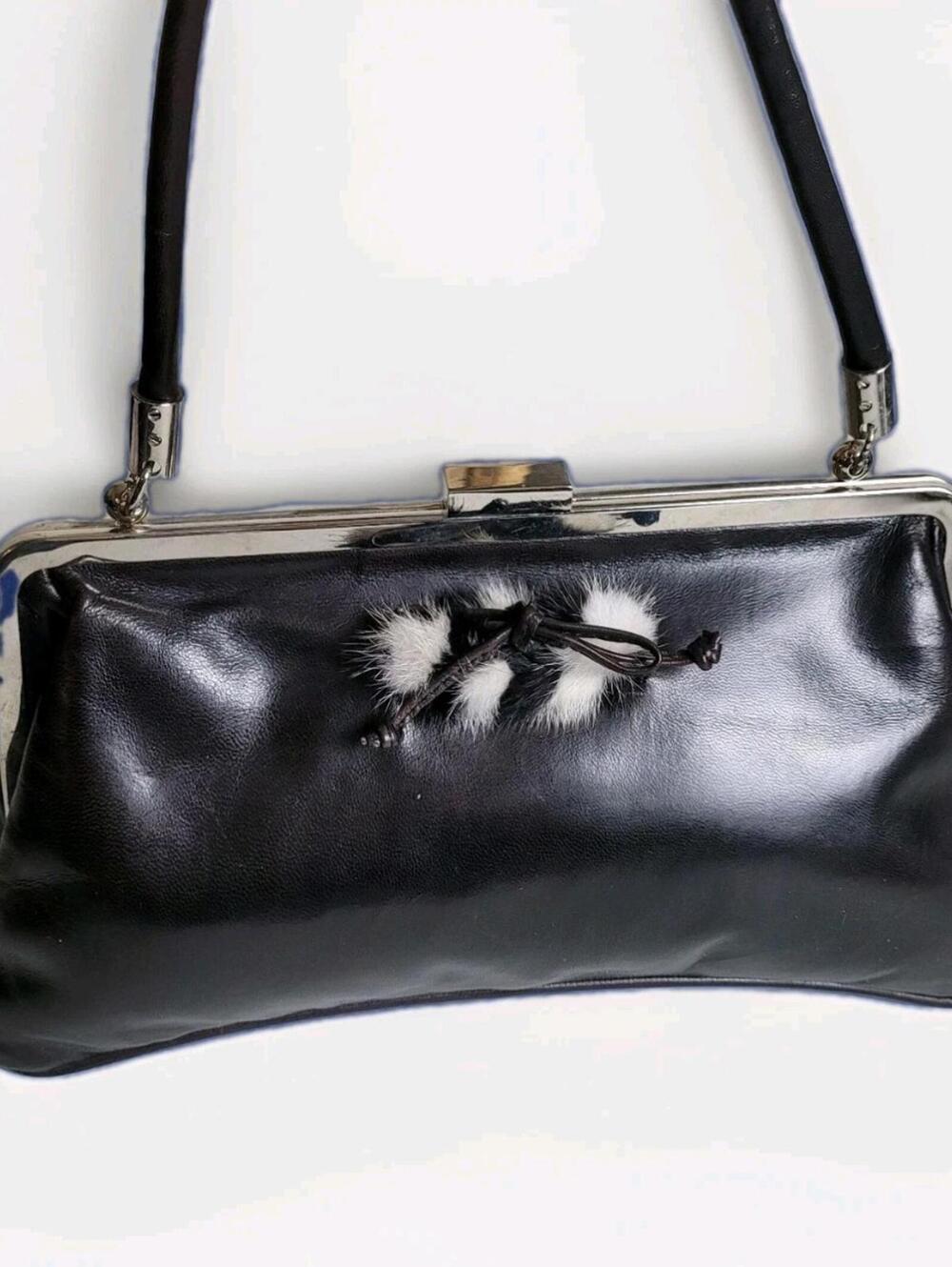 J. Renee Black Leather Purse Fur Embellishment Handbag Divider Pocketbook